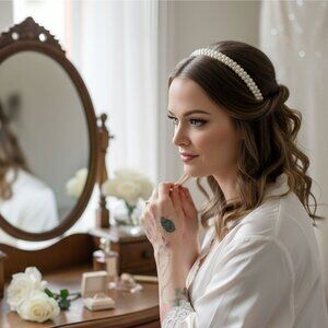 Double Row Pearl Bridal Headband ✦ White & Gold Hairpiece ✦ Weddings & Events